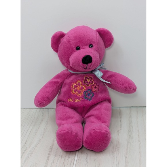 FAO Schwarz Other - FAO Schwarz Plush Teddy Bear Pink Flowers Embroidered Blue Ribbon Bow